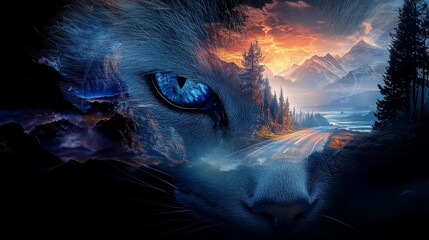 Enchanted Visions: Double Exposure of a Ragdoll Cat and Nature's Majesty with Cinematic Lighting.
