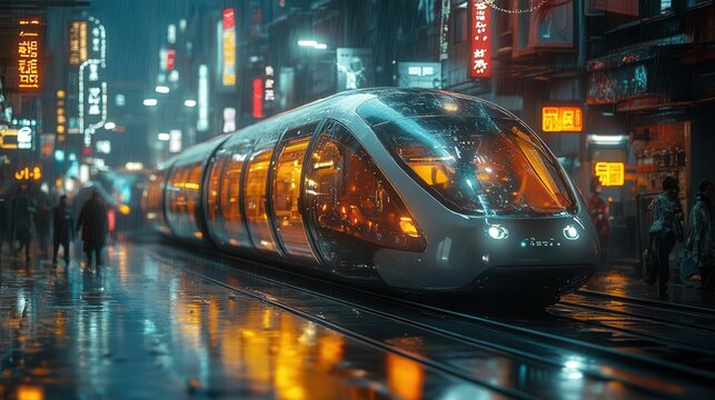 sleek futuristic green transport pod zooming through neonlit cityscape zeroemission design smooth aerodynamic curves - Powered by Adobe