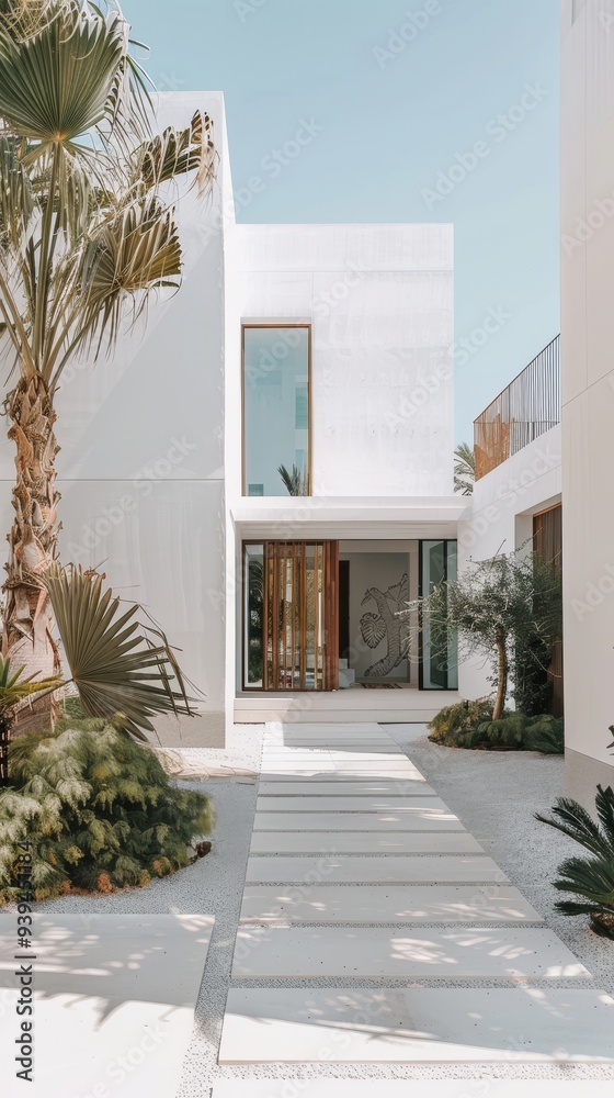 Canvas Prints Entrance of a minimalist white modern house featuring palm trees, simplistic architecture, and a clear, sunny sky adding to the serene ambiance.