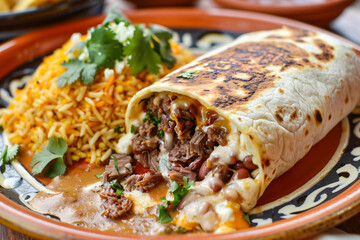Hearty burrito with rice and cilantro on a plate