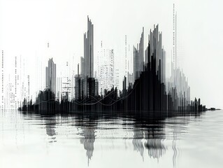 Fototapeta premium A city skyline is reflected in the water. The image is a black and white photograph of a cityscape