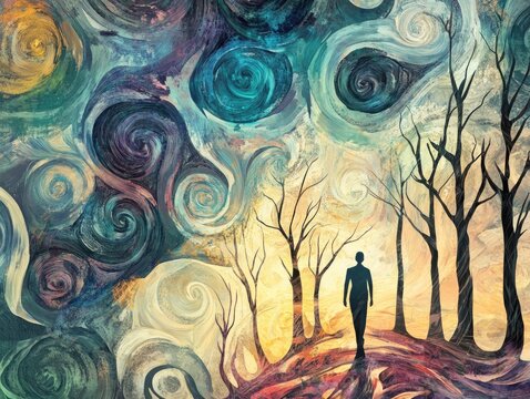 Surreal Silhouette in Vibrant Swirling Sky and Bare Trees with Abstract Artistic Style