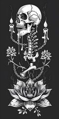Tribal Skull and Lotus Tattoo chain and candles black and white illustration