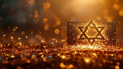 Shimmering gold Hanukkah card with a glowing Star of David surrounded by sparkling lights, symbolizing warmth and light in the holiday season. Concept of Jewish tradition, Hanukkah, or festive joy