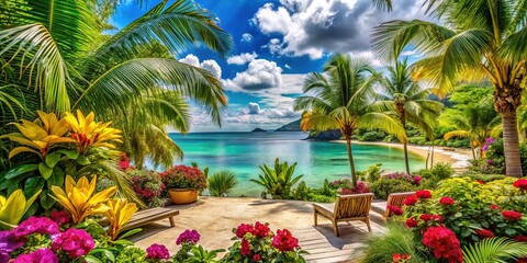 Fototapeta premium Escape to a tropical paradise infused with vibrant botanicals, ocean breezes, and exotic sounds, where lush greenery and crystal-clear waters meet the rhythm of the beach.