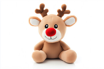 White backdrop with a plush toy of a red-nosed reindeer
