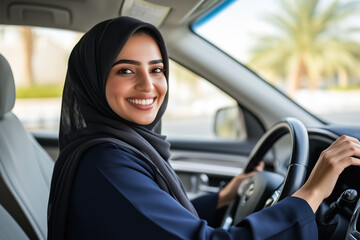Saudi woman driving with a smile on her face