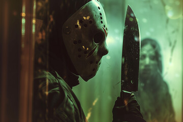 Smasher inside Home invading safety with mask and knife, terrifying presence inside house during Halloween horror night