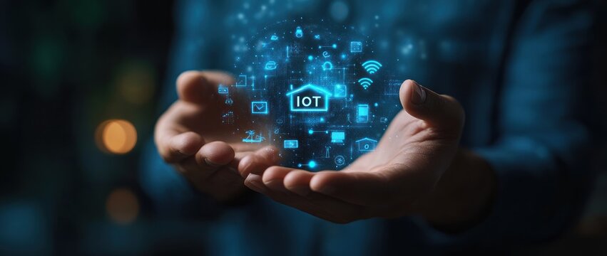 Internet of Things (IoT) Concept with Hand Holding Hologram