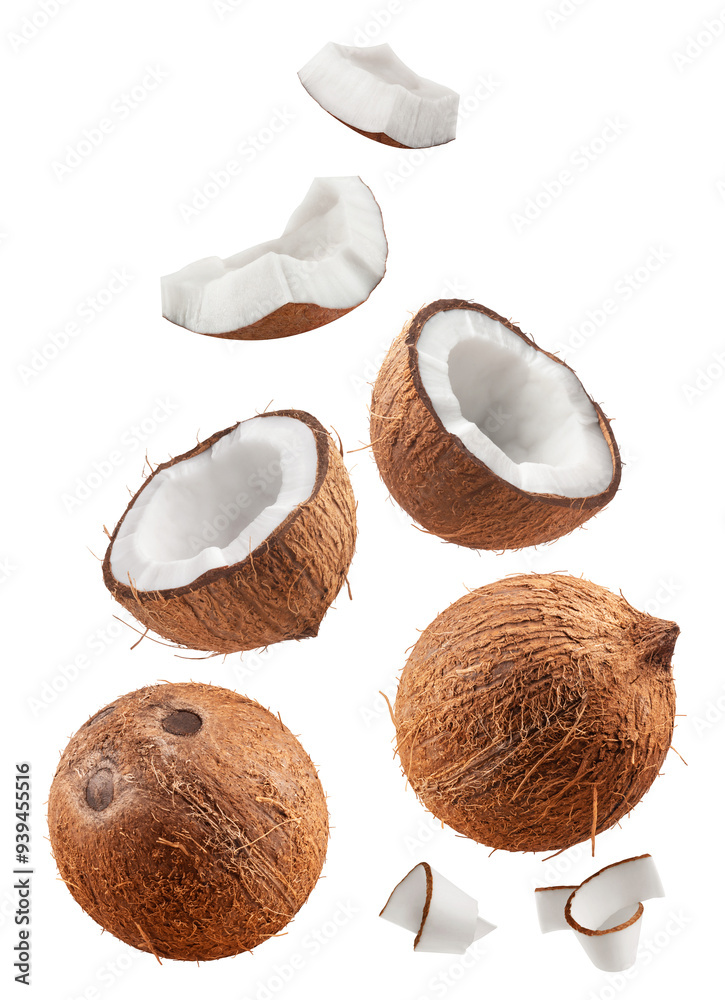 Wall mural coconuts isolated set. collection of coconut, halves and slices on a transparent background.