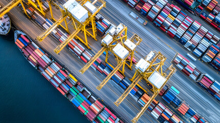 Aerial Perspective of a Thriving Port with Ships Engaged in Cargo Operations, Signifying the Vibrancy of the Global Supply Chain.
