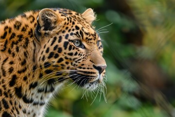 Beautiful leopard is staring intensely with piercing blue eyes in a lush green forest