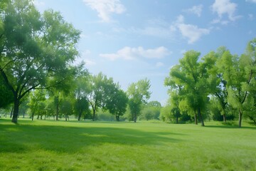 Lush green park with vibrant trees under a bright blue sky.