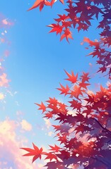 Dreamy Cartoon Sky with Red Maple Leaves, Light Blue Background, and Glowing Effects

