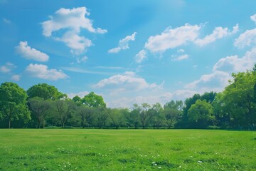 Vibrant park landscape under a bright blue sky with fluffy clouds.