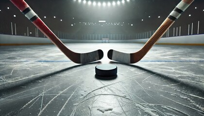 Hockey Sticks and Puck on Ice Rink