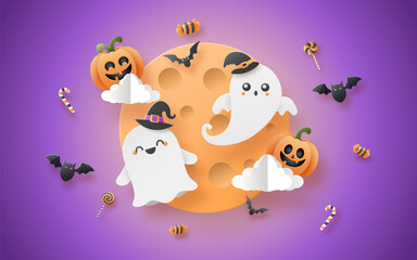 A cute ghost with a happy face, floating on the moon among smiling pumpkins and candy.