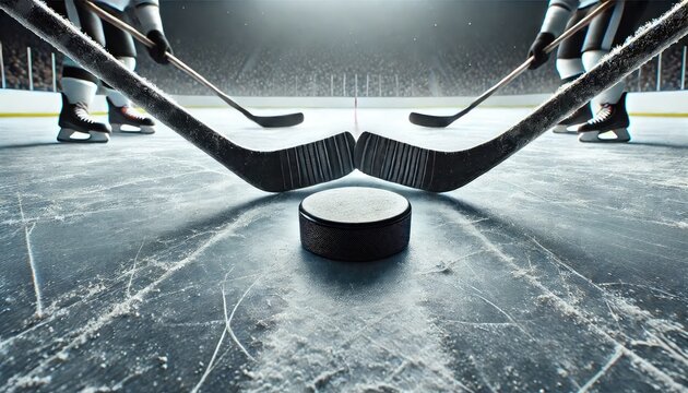 Hockey Players Faceoff with Sticks and Puck on Ice