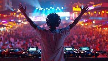 African American DJ facing back and applauding the crowd during an outdoor club event