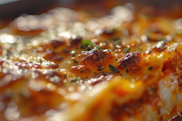 Closeup of a freshly baked lasagna, featuring bubbling cheese and sprinkled herbs