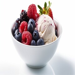 A bowl of mixed berries with a scoop of vanilla frozen yogurt.