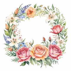 Watercolor Floral Wreath with Roses, Lilies, and Greenery.