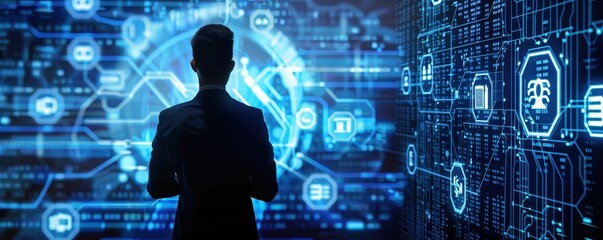 Silhouette of a person standing in front of a futuristic virtual interface with digital icons and data visualization.