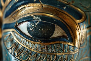 Ancient egyptian eye carving with blue and gold paint showing age and detail