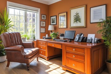 A Home Office with a Large Wooden Desk and a Leather Armchair