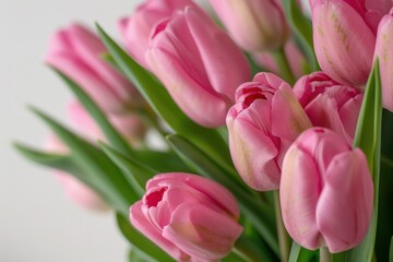 Obraz premium Bouquet of pink tulips is blooming on a white background