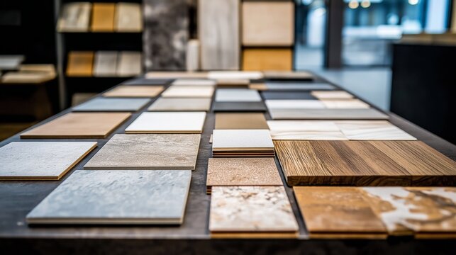 Close-up of luxurious material samples, engineered stone, high-end wood, premium tiles, interior design, architectural materials, texture and pattern, luxury finishes