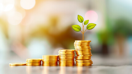 Nestled among stacks of gold coins, a vibrant green plant emerges, representing the connection between finance and environmental care in a well-lit indoor space