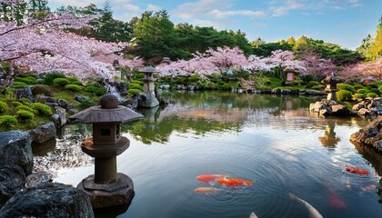  鯉のいる池、石灯籠、満開の桜が調和した静かな日本庭園