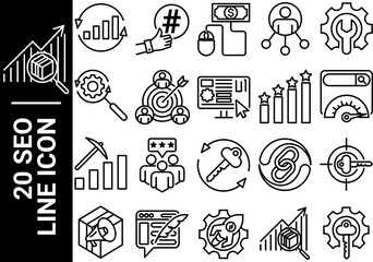 20 seo line icon, black and white