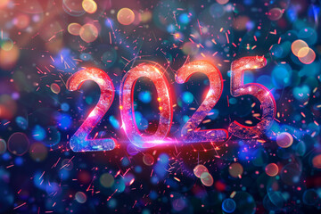 Colorful 2025 design with bokeh effects and sparkles for New Year celebrations. Vibrant neon display of number 2025 adorned with dazzling sparkles and colorful bokeh, perfect for New Year festivities.