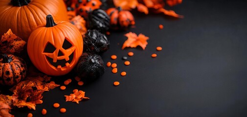 A festive Halloween arrangement featuring orange and black pumpkins, autumn leaves, and colorful candies on a dark background.