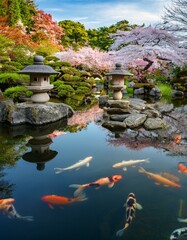 Naklejka premium 鯉のいる池、石灯籠、満開の桜が調和した静かな日本庭園