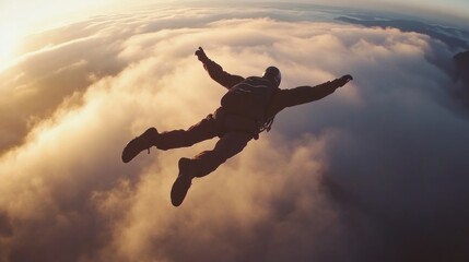 Skydiver freefalling through the air,