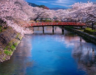 穏やかに流れる川のほとりに満開の桜