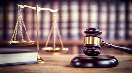Wooden Gavel With Scales of Justice on a Wooden Desk in a Law Office