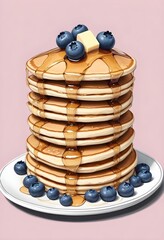 Old commercial style illustration of a  stack of golden pancakes drizzled with honey or maple syrup, topped with fresh berries and whipped cream