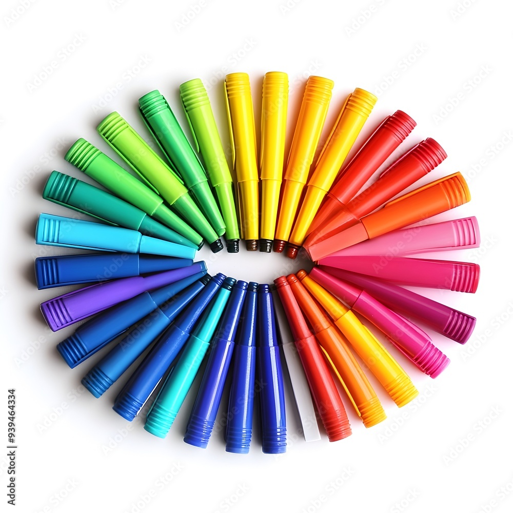 Poster an array of vibrant rainbow colored markers arranged in the center of a clean white background creat