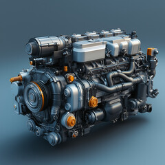 3D rendering of an engine, high resolution, highly detailed, realistic lighting and shadows, blue background, hyper-realistic
