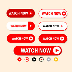 Watch now buttons, tag, label, sticker icon set vector design. Play, watch video now in flat style. Web site, UI element.