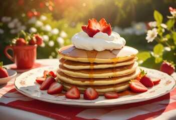 Old commercial style illustration of a  stack of golden pancakes drizzled with honey or maple syrup, topped with fresh berries and whipped cream