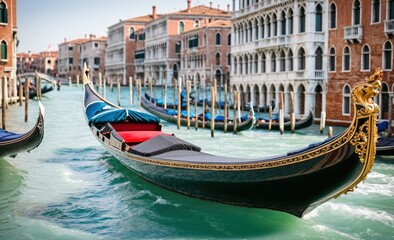 Fototapeta premium Traditional Venetian Gondolas with Ornate Details Floating on the Grand Canal