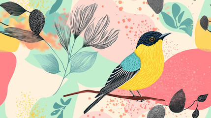 A seamless pattern with a vibrant bird perched on a branch among abstract leaves and shapes in pastel colors. The playful design combines nature and abstract art elements.
