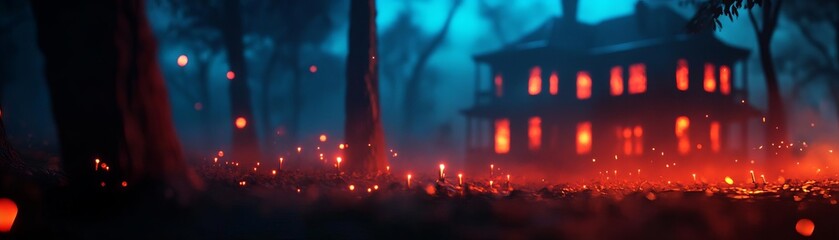 Fototapeta premium A mysterious house illuminated by fiery embers, surrounded by a dark, foggy forest, evoking an eerie and mystical atmosphere.