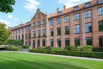 Brick Building with Many Windows and Lush Green Grass