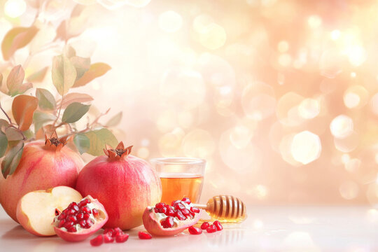 Rosh hashanah jewish holiday background with Apples, honey, pomegranates and copy space